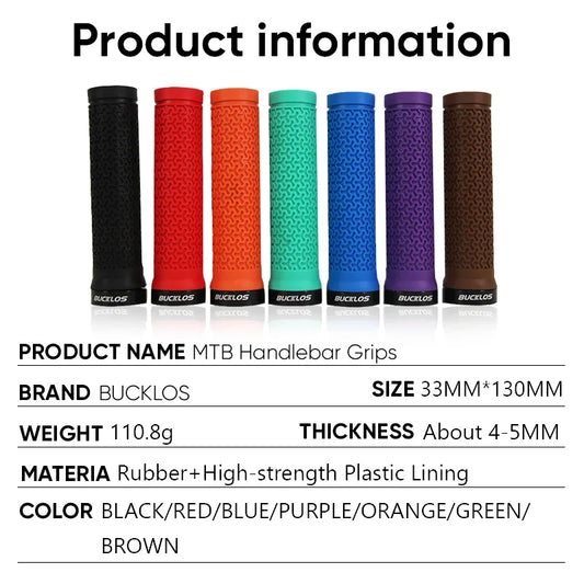 Bucklos MTB Lock-On Grips specs — 33mm x 130mm, 110.8g, rubber and high-strength plastic lining, 7 colours