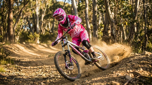 Young female downhill mountain bike racer in pink kit ripping a dusty berm on a Mt Buller race track