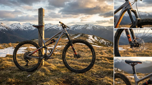 Carbon enduro mountain bike with orange accents leaning against a timber trail marker on an Australian alpine ridge at golden hour with snow-dusted peaks behind
