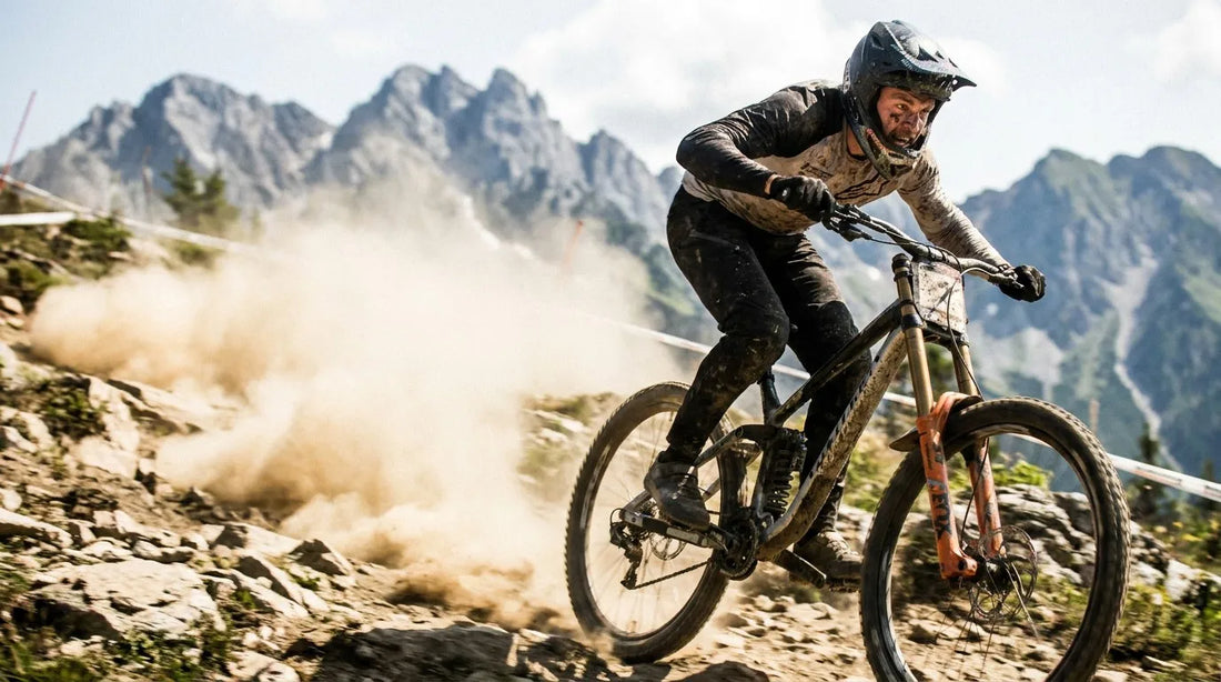 A downhill racer pinning a high-speed rocky section on the Leogang track with a massive dust cloud behind.