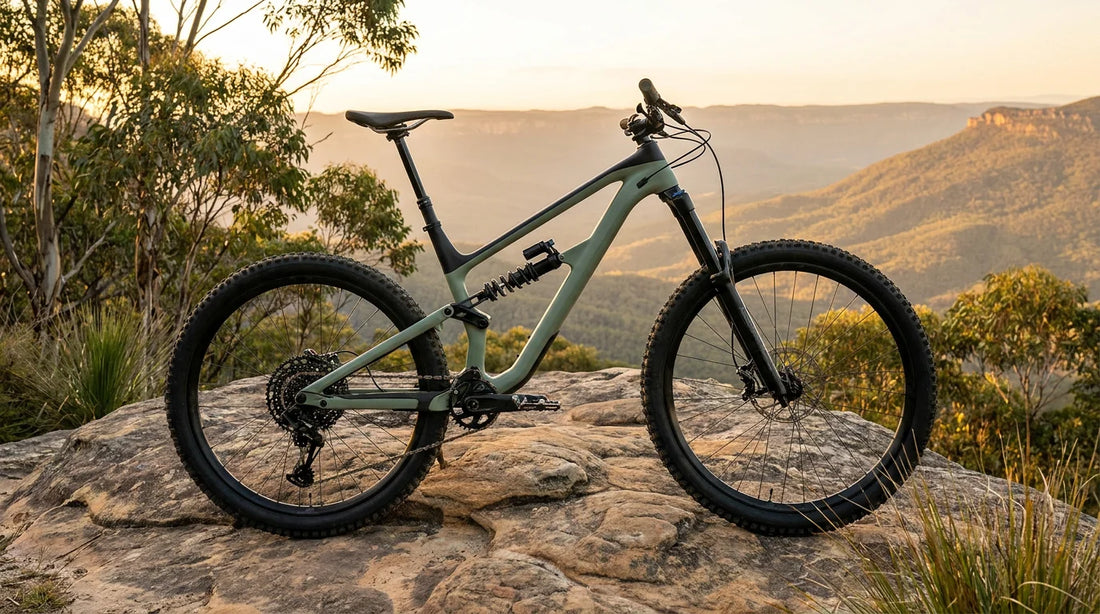 2026 Specialized Stumpjumper 15 EVO Alloy trail mountain bike in sage green on a sandstone rock slab overlooking the Blue Mountains at golden hour