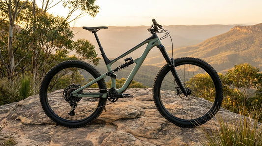2026 Specialized Stumpjumper 15 EVO Alloy trail mountain bike in sage green on a sandstone rock slab overlooking the Blue Mountains at golden hour