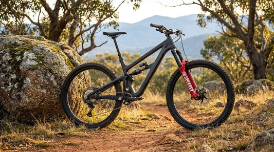 A matte charcoal 2026 Pivot Firebird enduro bike leaning against a granite boulder in the Australian high country at golden hour.