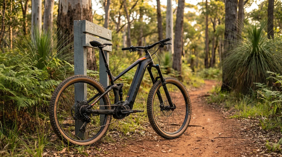 Stealth black full-suspension e-MTB leaning on a trail signpost in Australian eucalyptus bushland at golden hour