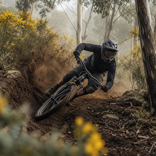 A mountain biker pinning a technical loamy trail berm in an Australian bush setting.