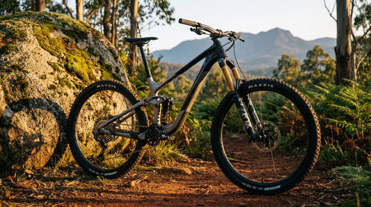 A sleek gloss carbon 2026 Giant Reign Advanced Pro 1 leaning against a mossy granite rock in the Australian high country at golden hour.