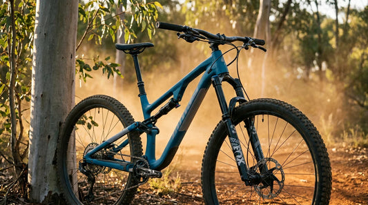 Matte teal Polygon Siskiu T8 UDH full-suspension trail mountain bike leaning against a eucalyptus tree on red dirt singletrack in the Australian bush