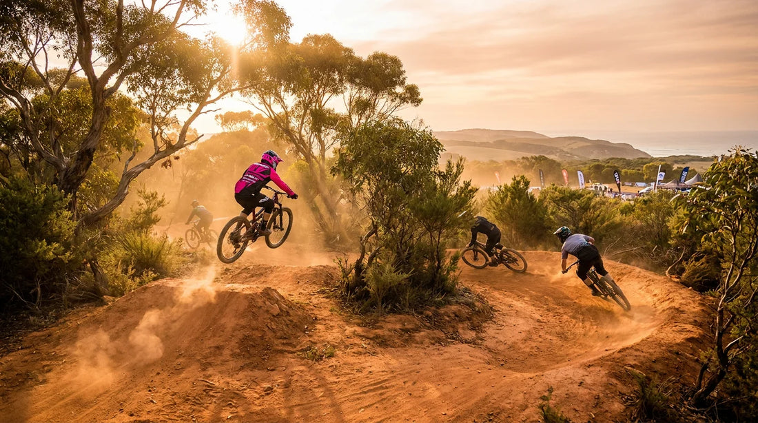 Mountain bikers ripping a flowy berm at Mogo Trails at golden hour during Sea Otter Australia