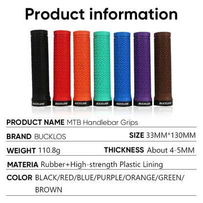 Bucklos MTB Lock-On Grips specs — 33mm x 130mm, 110.8g, rubber and high-strength plastic lining, 7 colours
