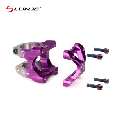 Lunje X Style MTB Stem Exploded View – Purple Body, 4-Bolt Faceplate and Titanium Hardware