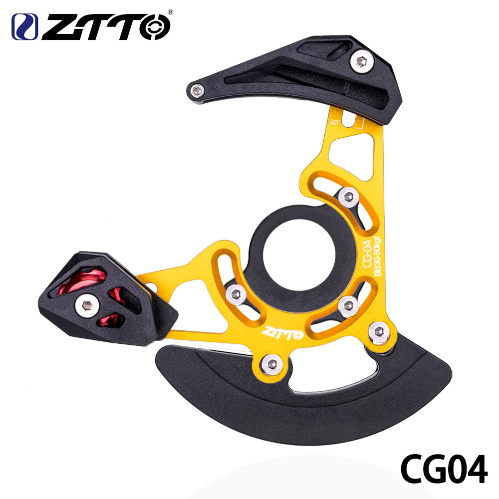 Zatto CG04 bicycle chain guard in yellow anodized aluminum with black rubber guards and silver screws, shown on a white background with the Zatto logo in the top left and model number CG04 in the bottom right.