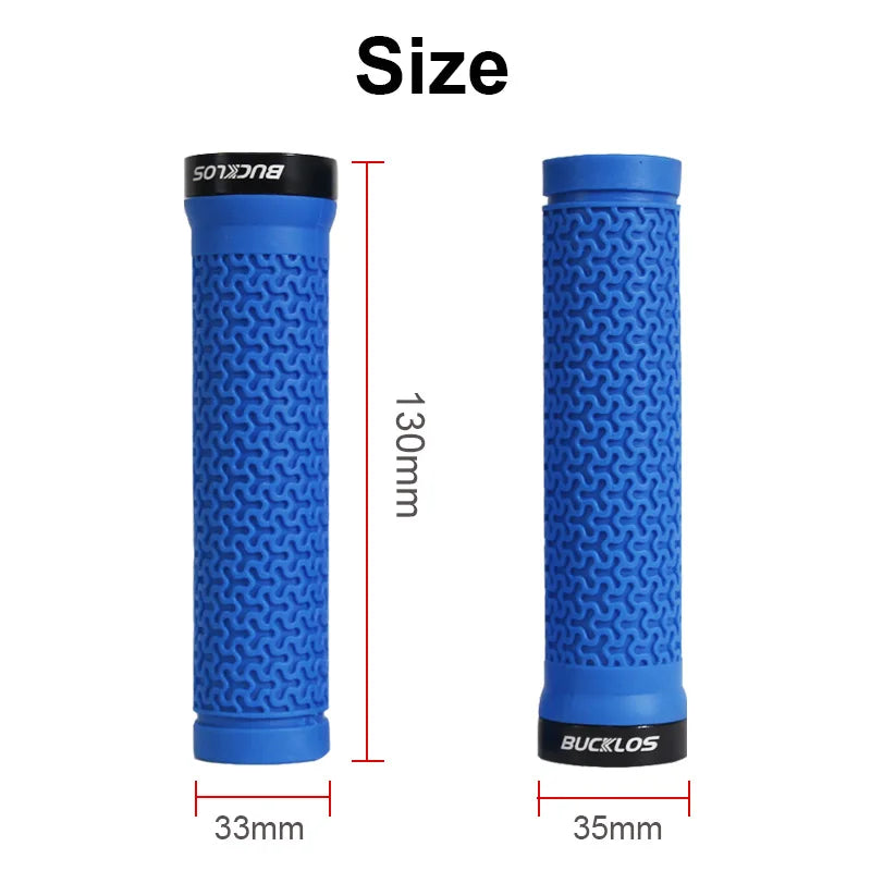 Bucklos MTB Lock-On Grip dimensions — 130mm length, 33mm grip diameter, 35mm bar end, 22.2mm handlebar compatible