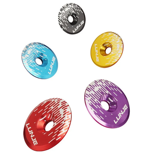 LUNJE CNC Alloy MTB Headset Top Caps in Black, Red, Blue, Gold, and Purple