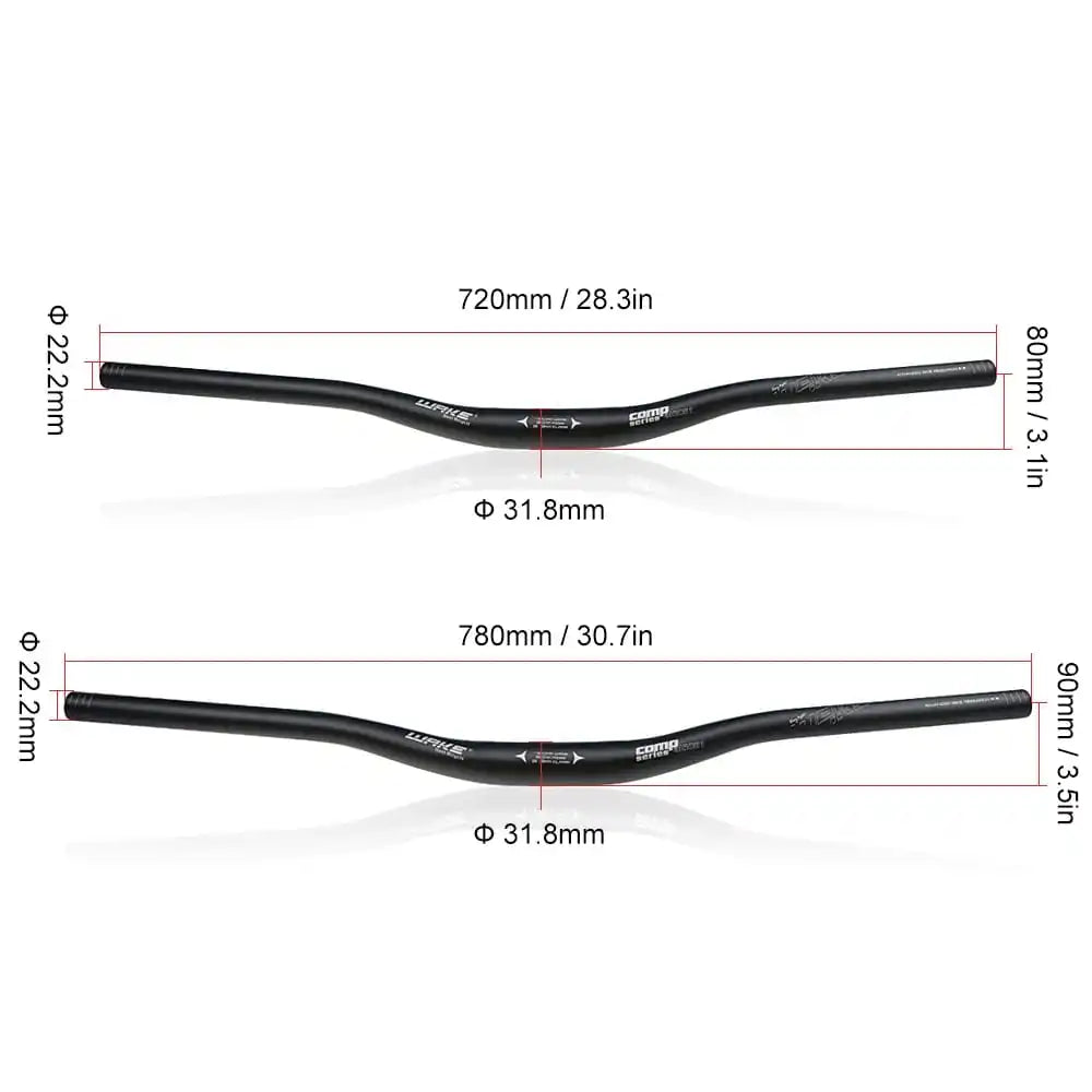 WAKE alloy handlebar dimensions: 720mm with 80mm rise and 780mm with 90mm rise, 31.8mm clamp diameter, 22.2mm bar ends