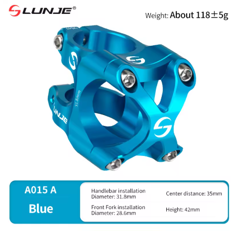 Lunje A015 X Style MTB Stem Blue – 31.8mm Handlebar, 28.6mm Fork, 35mm Reach, 118g
