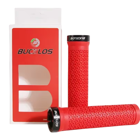 Bucklos MTB Lock-On Grips Red — 130mm rubber lock-on MTB handlebar grips with alloy clamp