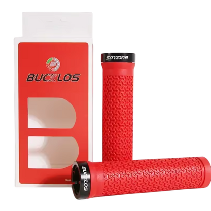 Bucklos MTB Lock-On Grips Red — 130mm rubber lock-on MTB handlebar grips with alloy clamp