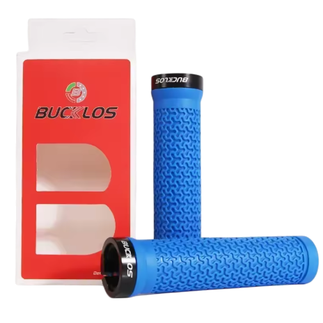 Bucklos MTB Lock-On Grips Blue — 130mm rubber MTB handlebar grips with single alloy lock collar