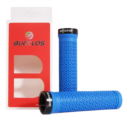 Bucklos MTB Lock-On Grips Blue — 130mm rubber MTB handlebar grips with single alloy lock collar